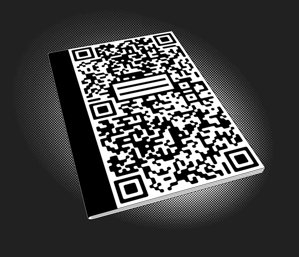 a black and white-patterned composition book made from QR codes.