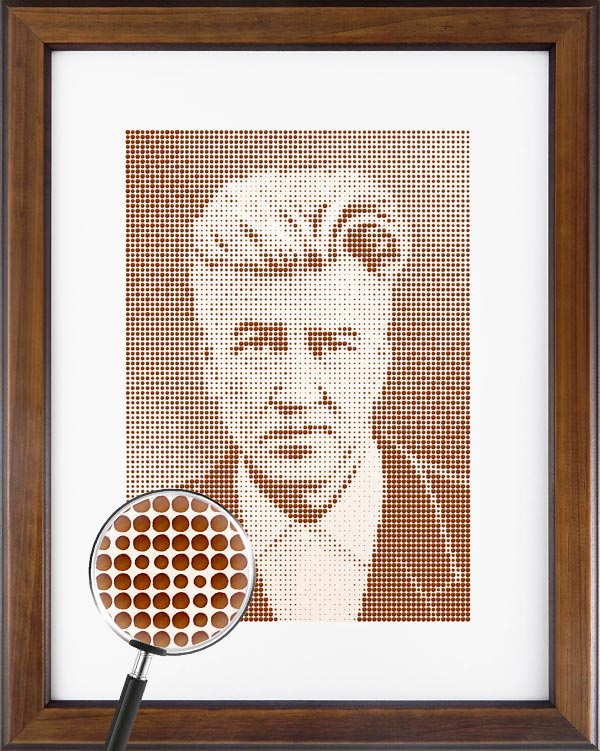 Framed photo of David Lynch made from variously sized coffee drops.