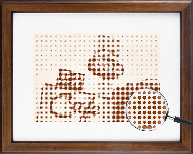 Framed photo of Twede’s Diner made from variously sized coffee drops.