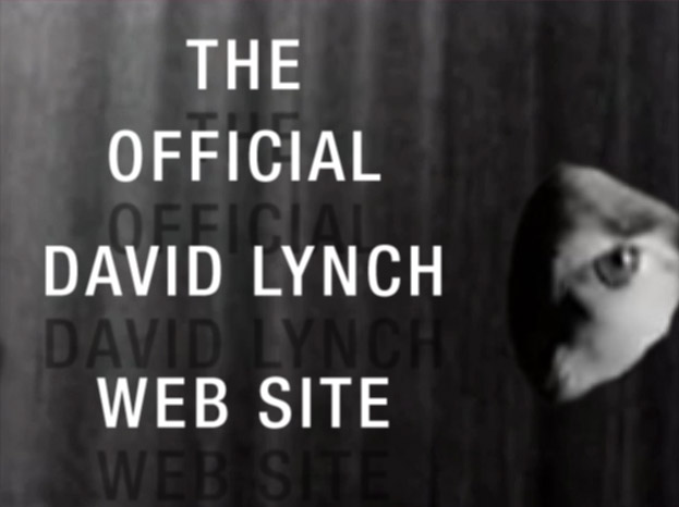Black and white image of a curtain with the text 'The Official David Lynch Web Site' written on top. a cutout of David Lynch's eye brown and eye, also black and white, appears on the right.